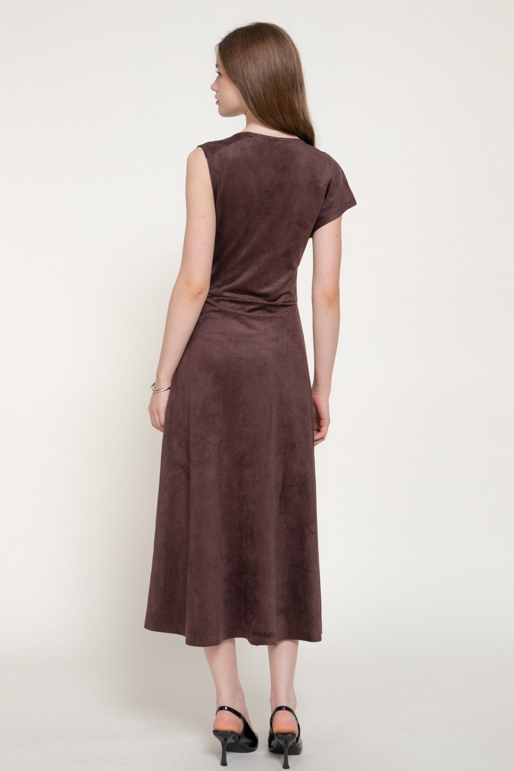 Asymmetrical Slv Belt Faux Suede Long Dress