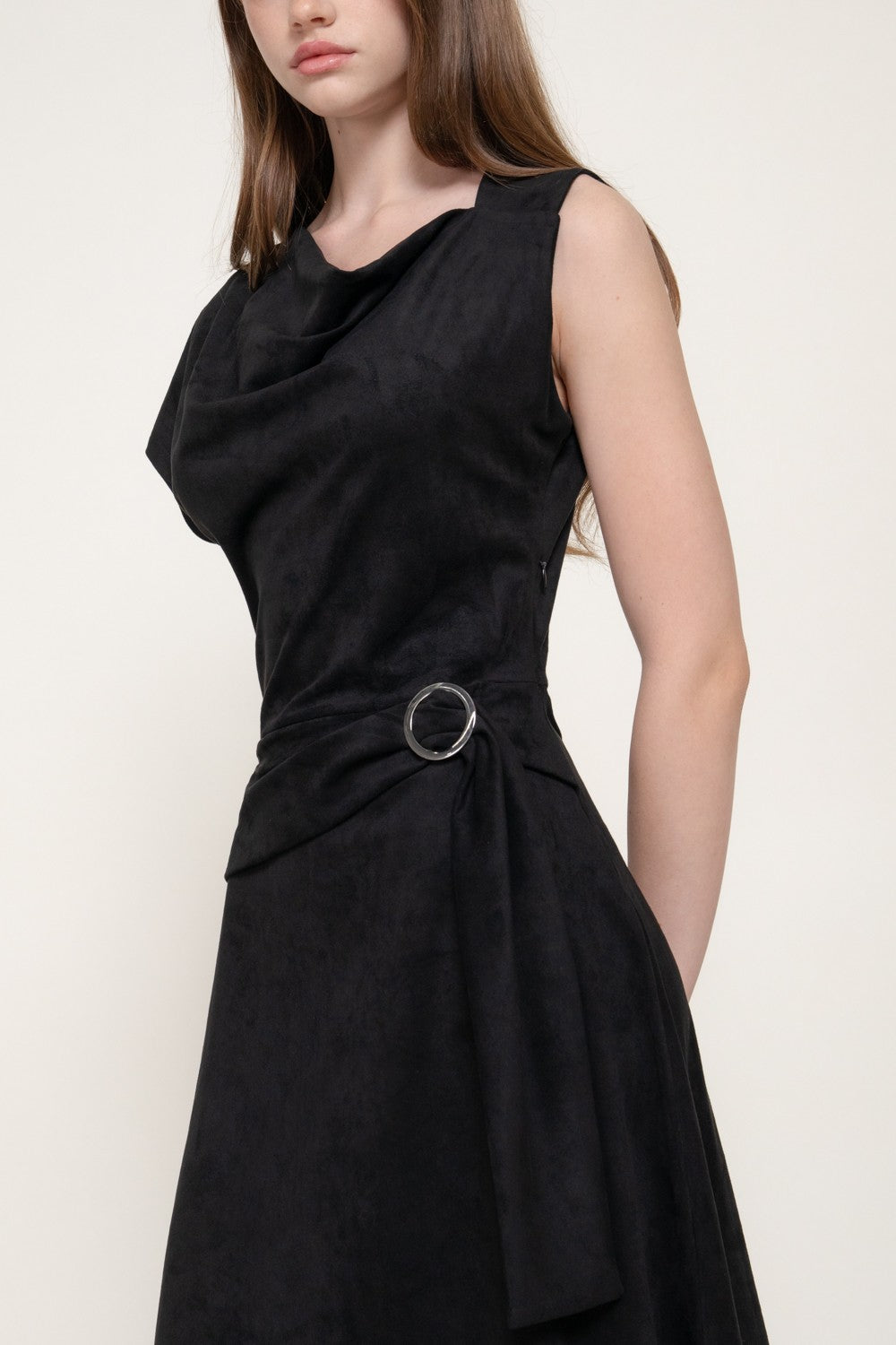 Asymmetrical Slv Belt Faux Suede Long Dress