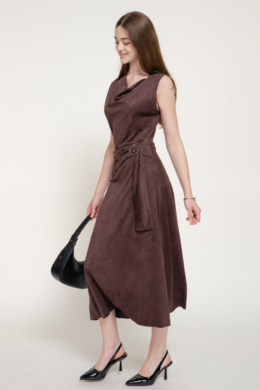 Asymmetrical Slv Belt Faux Suede Long Dress