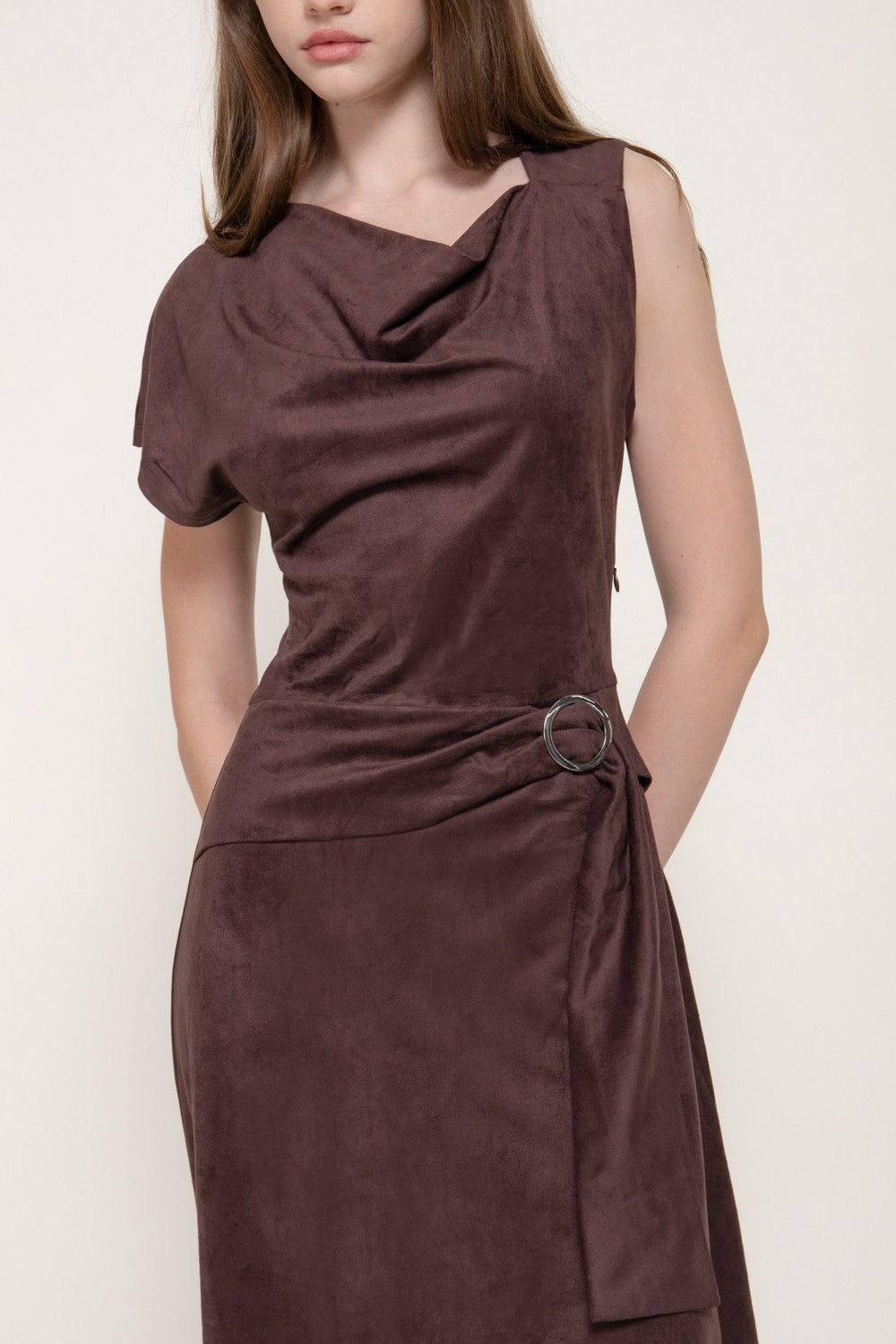Asymmetrical Slv Belt Faux Suede Long Dress