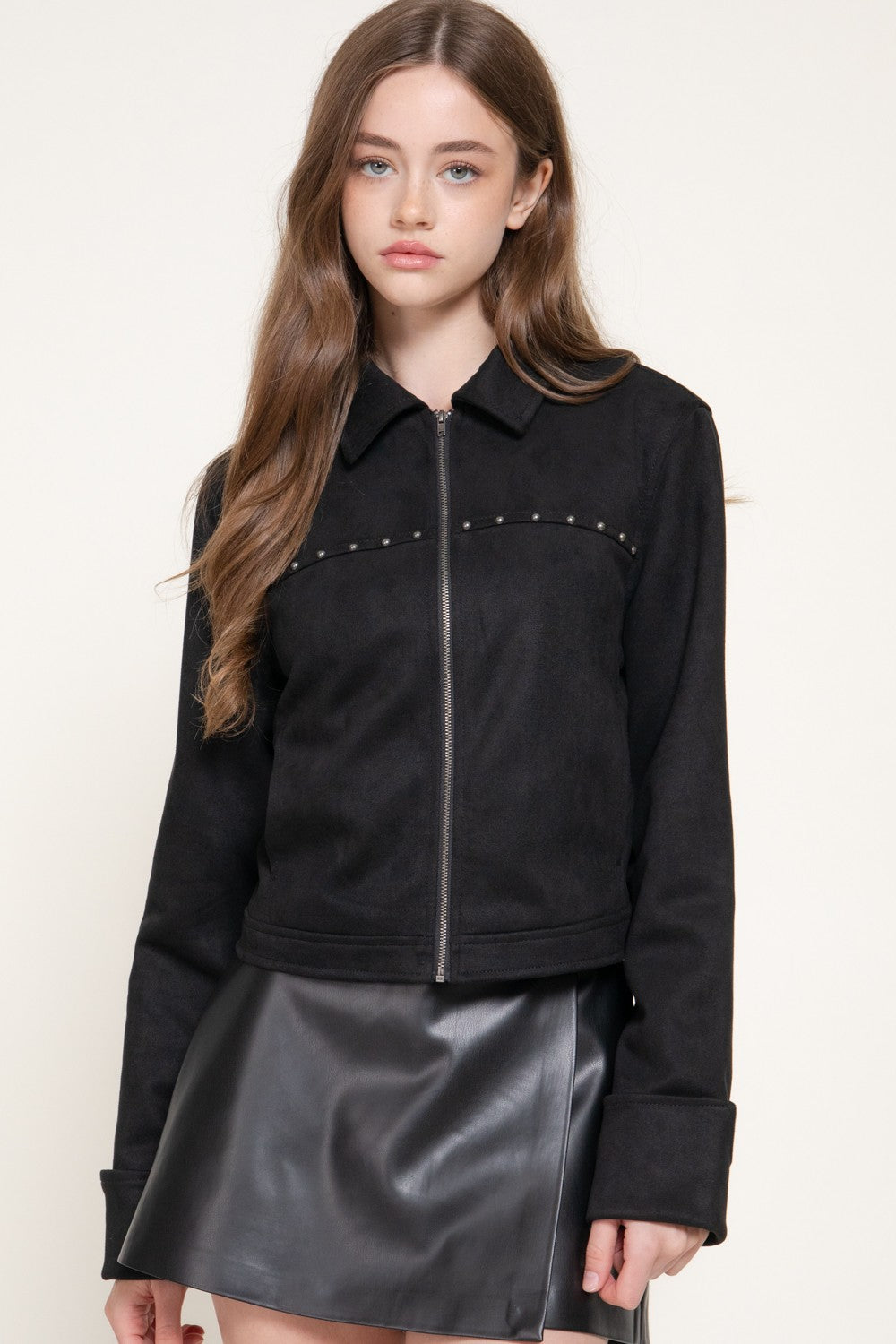 Long Slv Studded Faux Suede Jacket