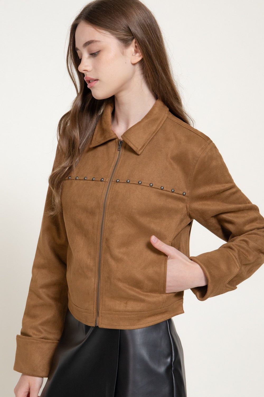 Long Slv Studded Faux Suede Jacket
