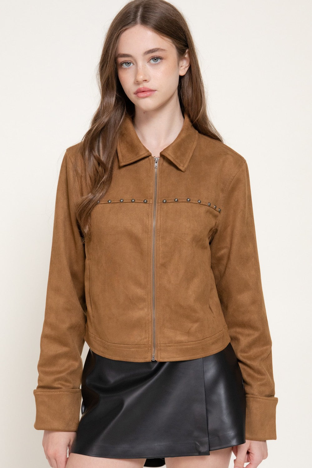 Long Slv Studded Faux Suede Jacket