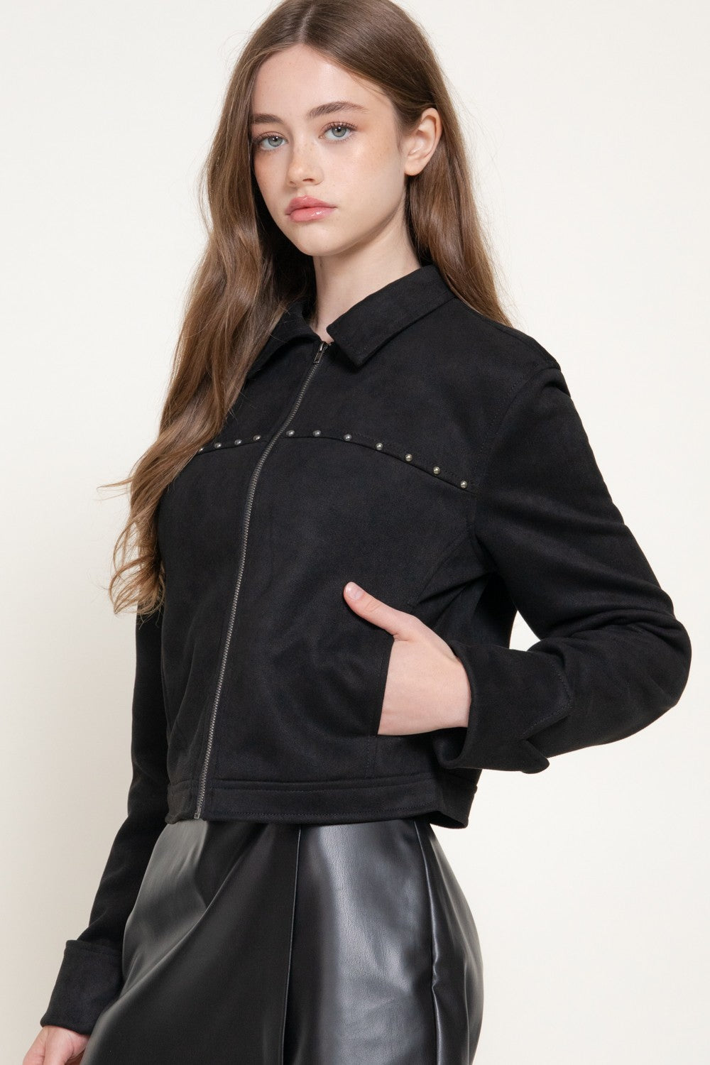 Long Slv Studded Faux Suede Jacket