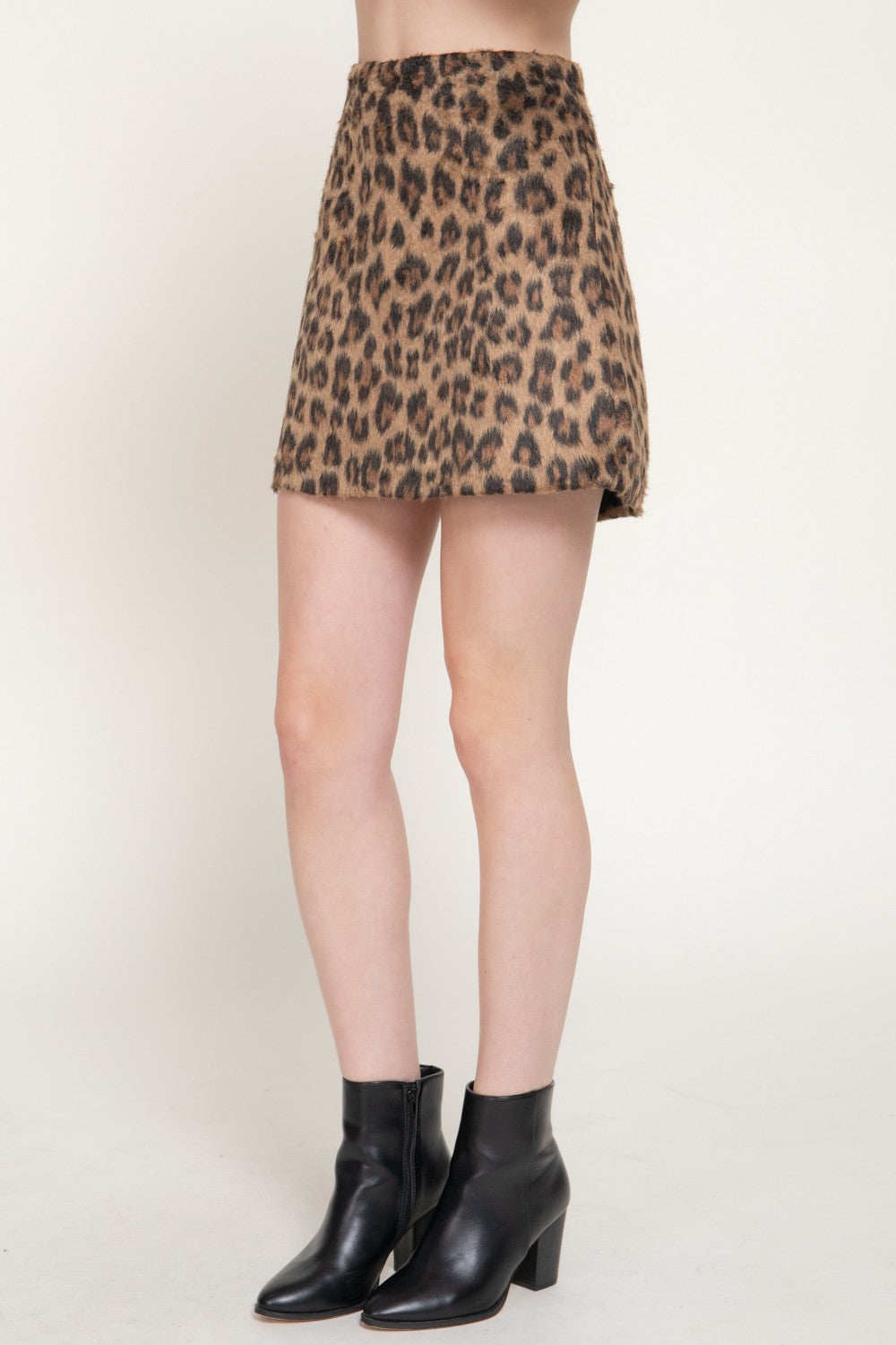 Leopard Print Hairy Wool-like Fabric Mini Skirt