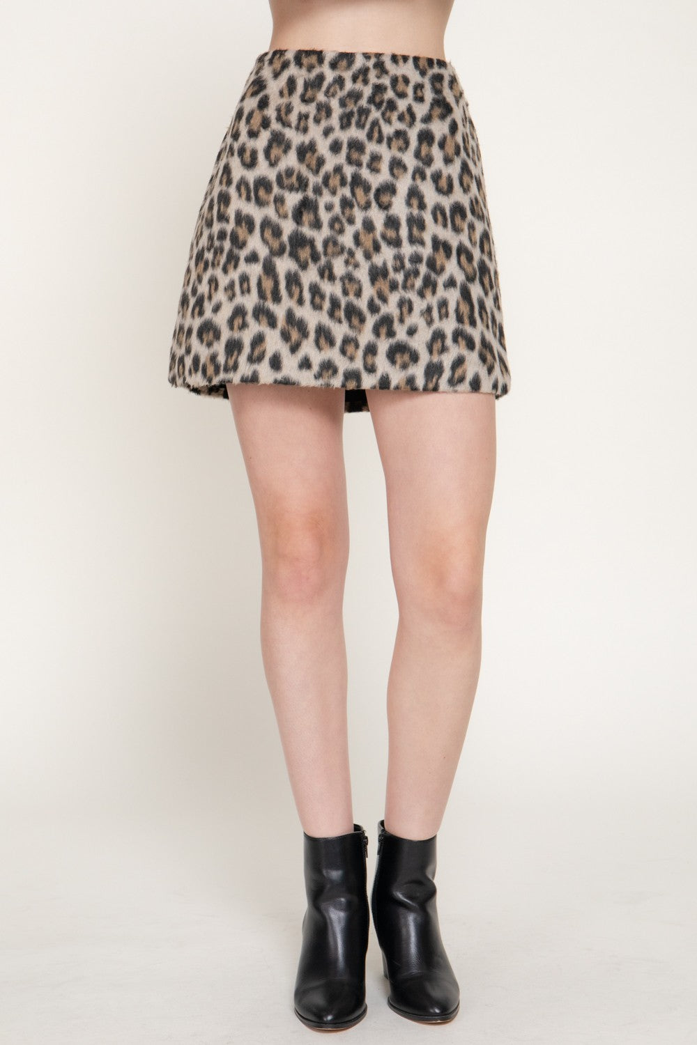Leopard Print Hairy Wool-like Fabric Mini Skirt