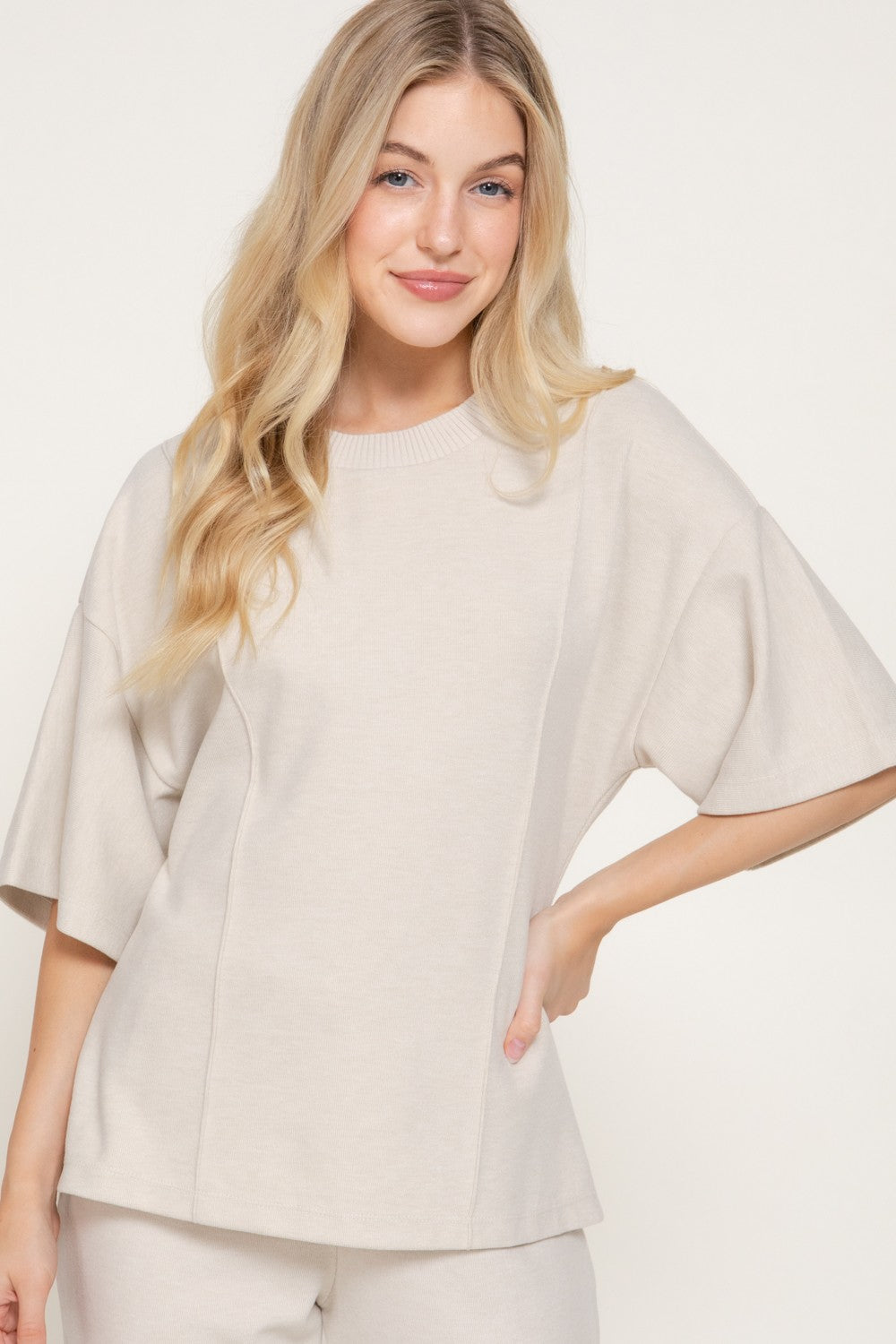 Elbow Slv Round Neck Brushed Knit Top