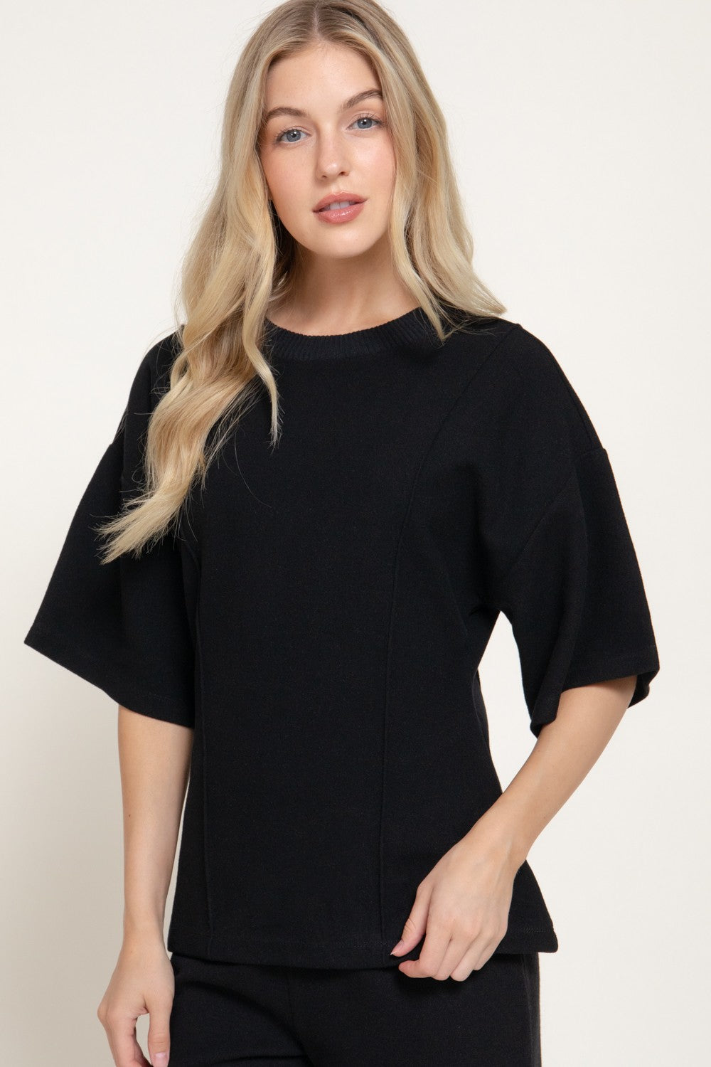 Elbow Slv Round Neck Brushed Knit Top
