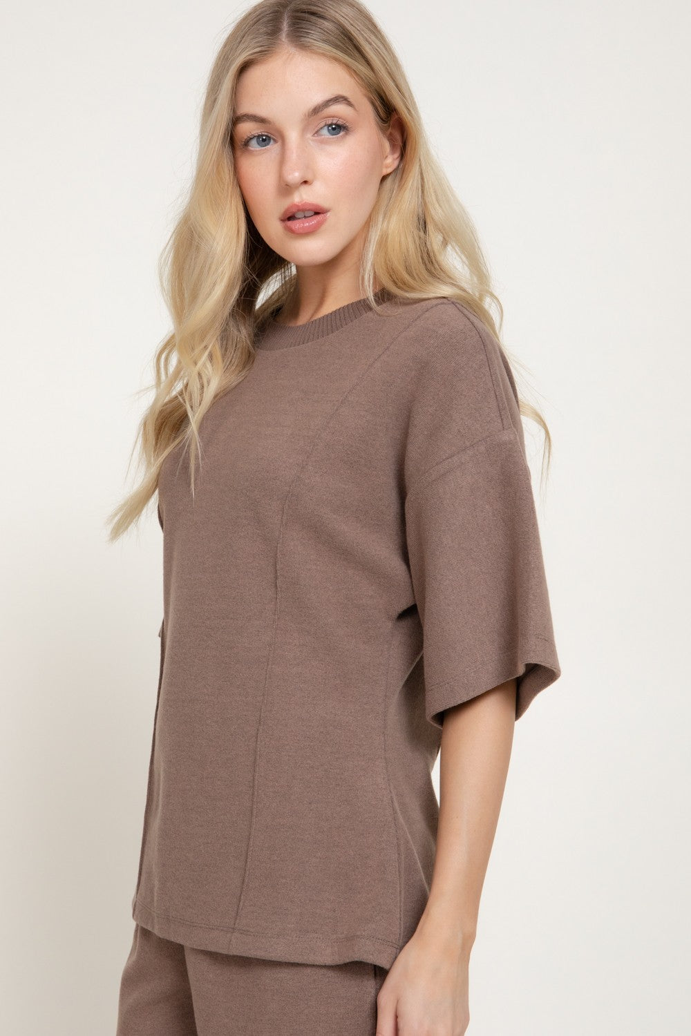 Elbow Slv Round Neck Brushed Knit Top