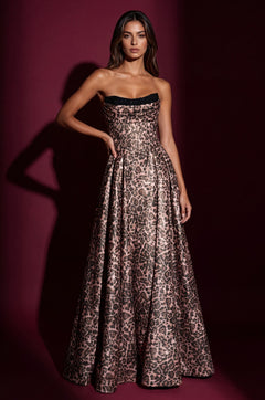 A Line Animal Print Full Length Gown With Adjustable Corset Top