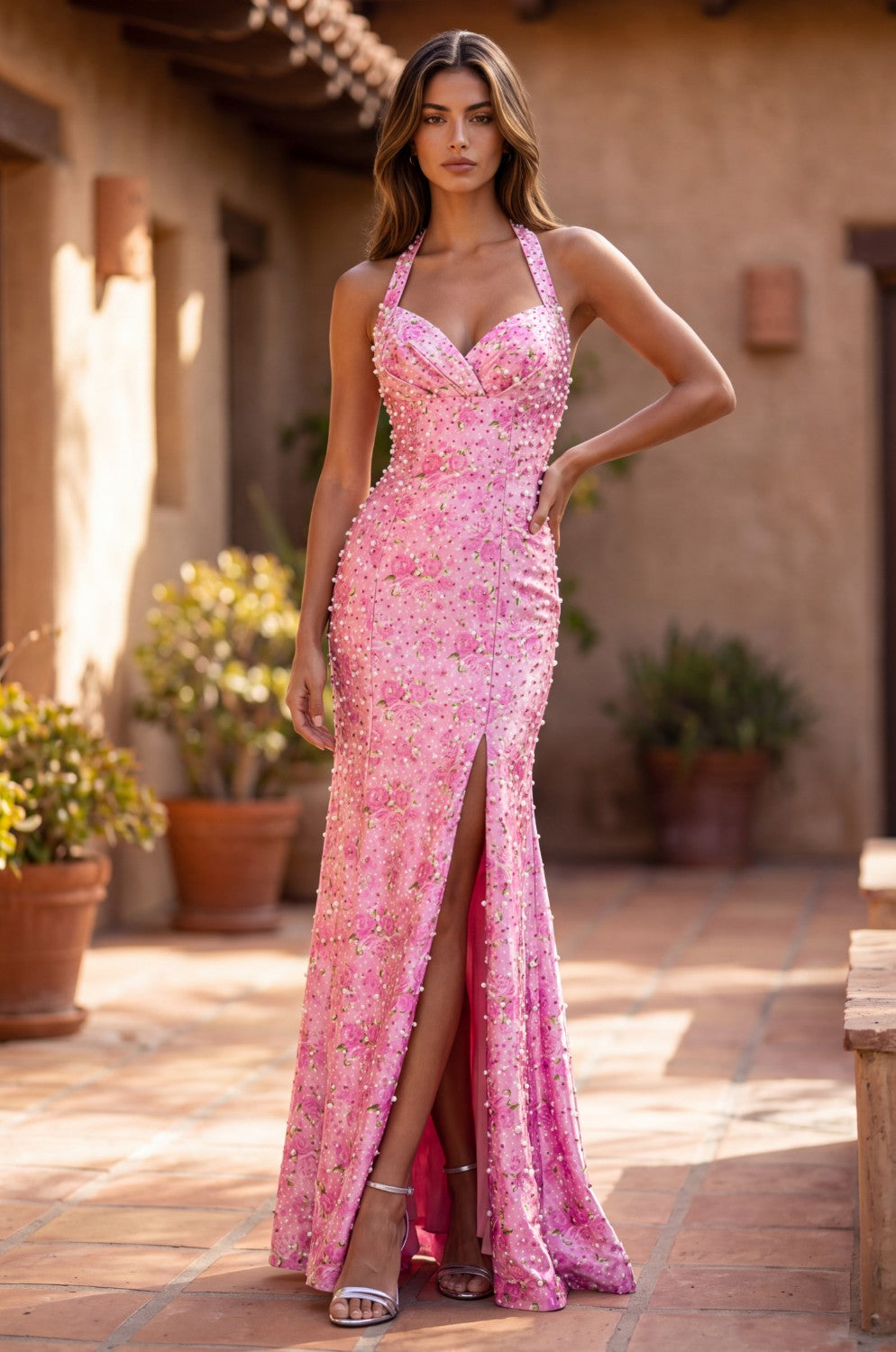 Halter Floral Fitted Evening Gown With Pearl Accent Open Back And S...