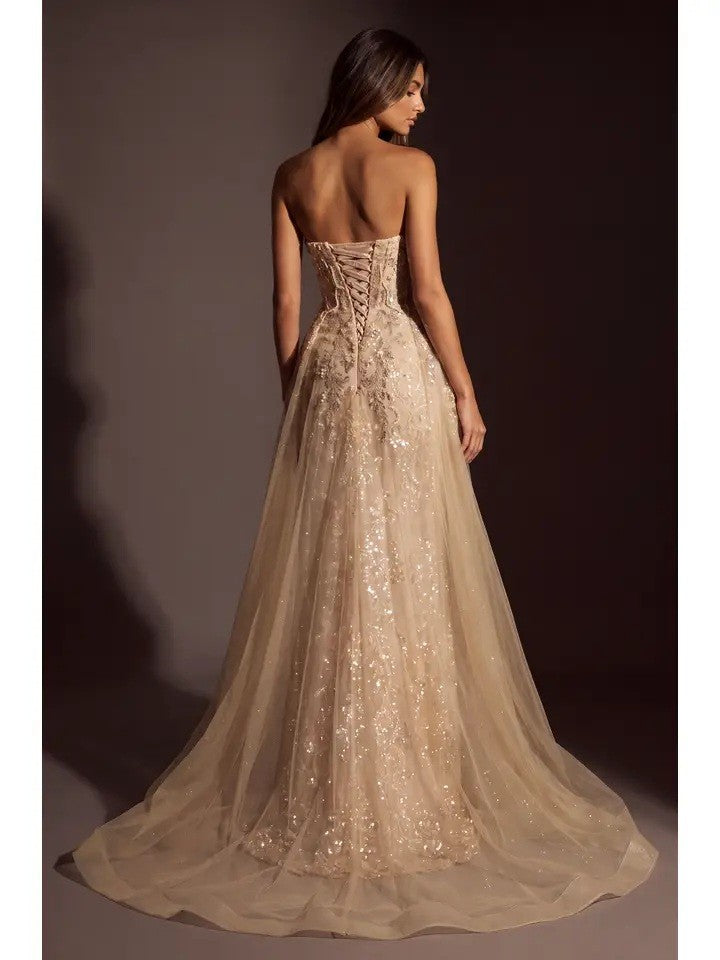 Couture Fully Beaded Formal Evening Gown With Tulle Overskirt