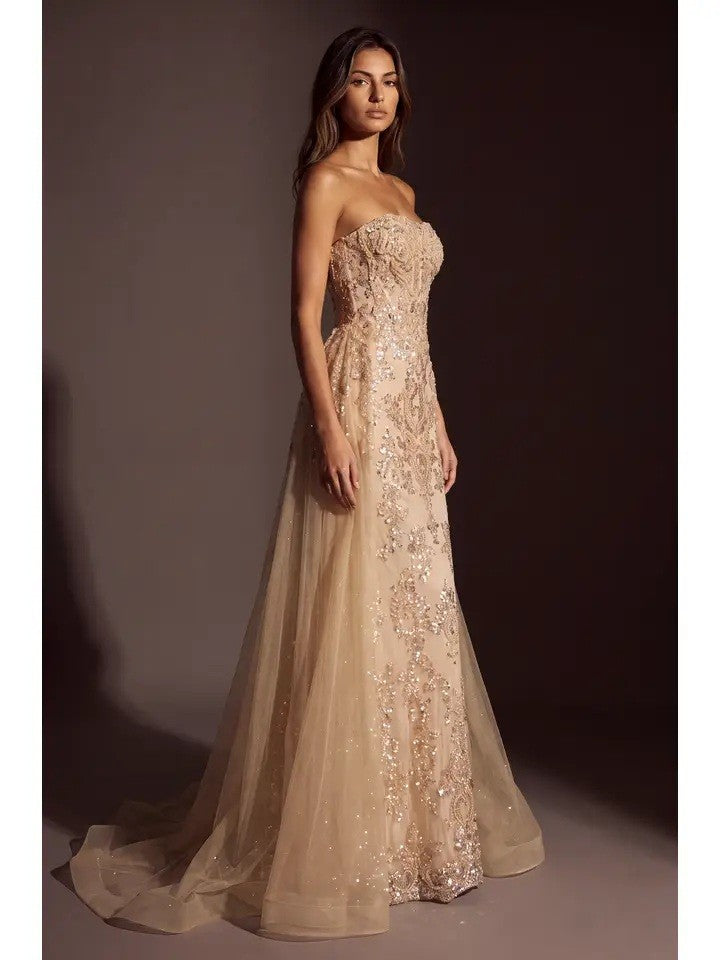 Couture Fully Beaded Formal Evening Gown With Tulle Overskirt