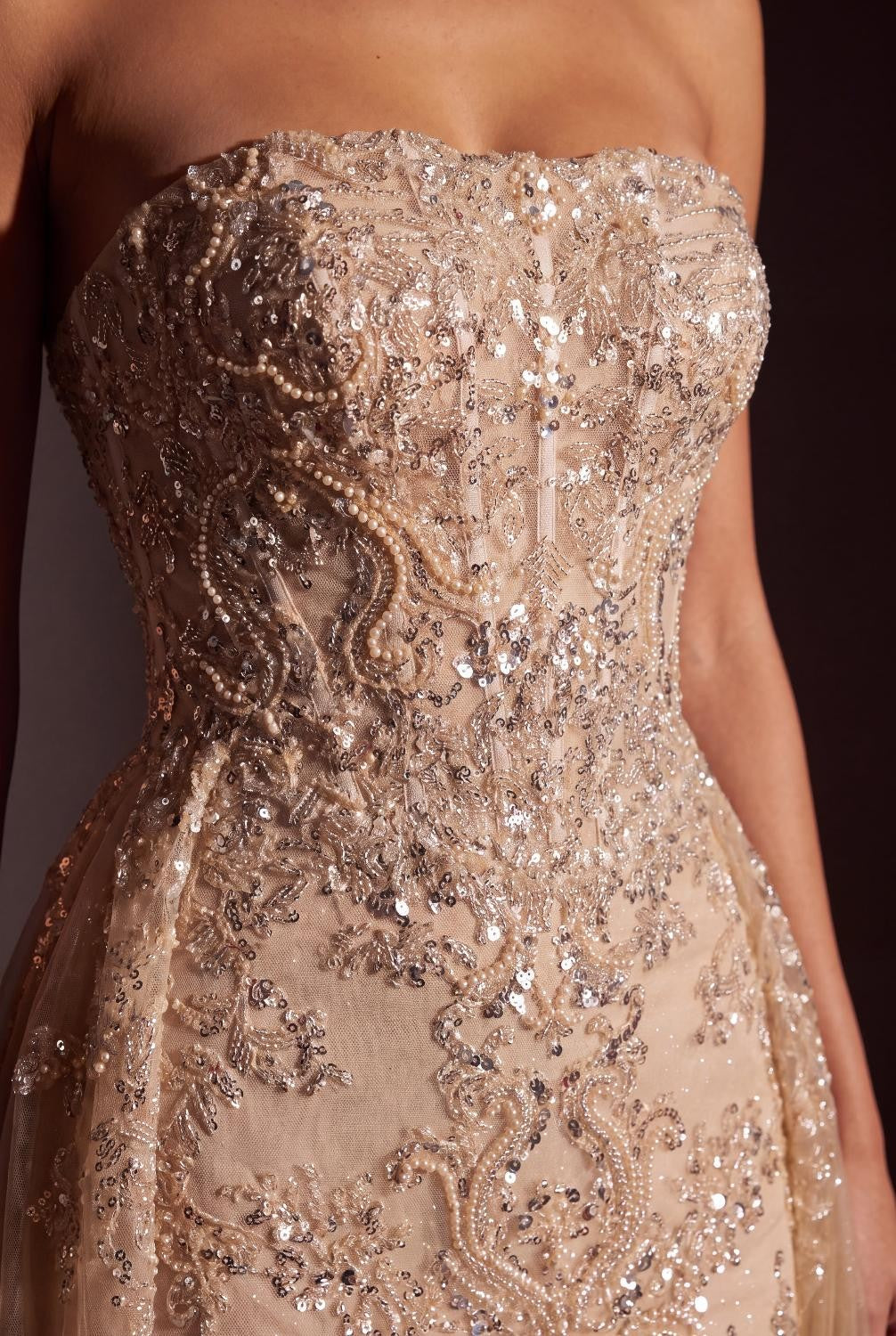 Couture Fully Beaded Formal Evening Gown With Tulle Overskirt