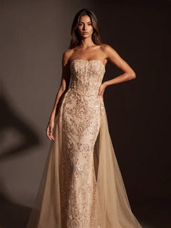 Couture Fully Beaded Formal Evening Gown With Tulle Overskirt