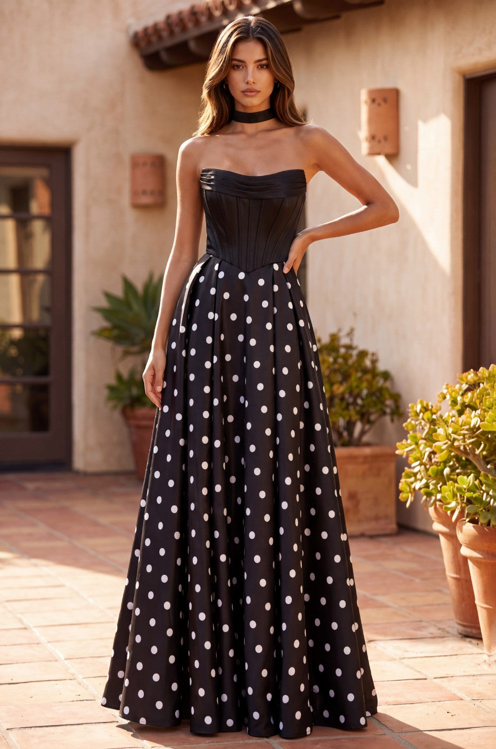 Long Sweetheart Polka Dot Prom Dress