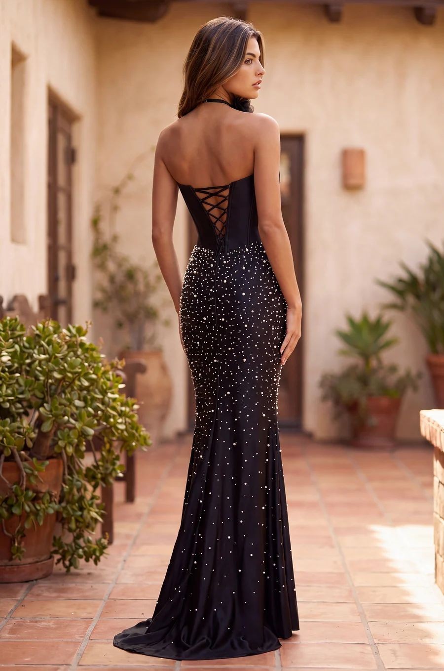 Long Formal Pearl Embellished Corset Evening Gown