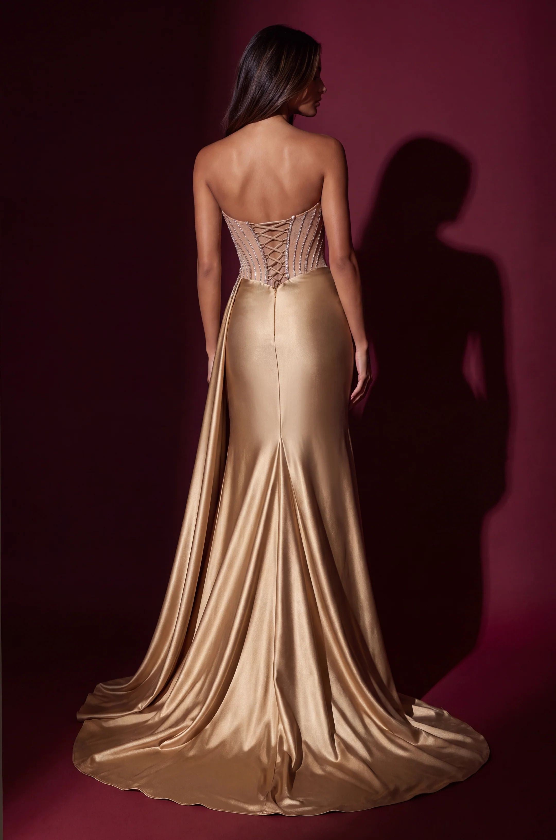 Long Strapless Corset Beaded Satin Prom Dress