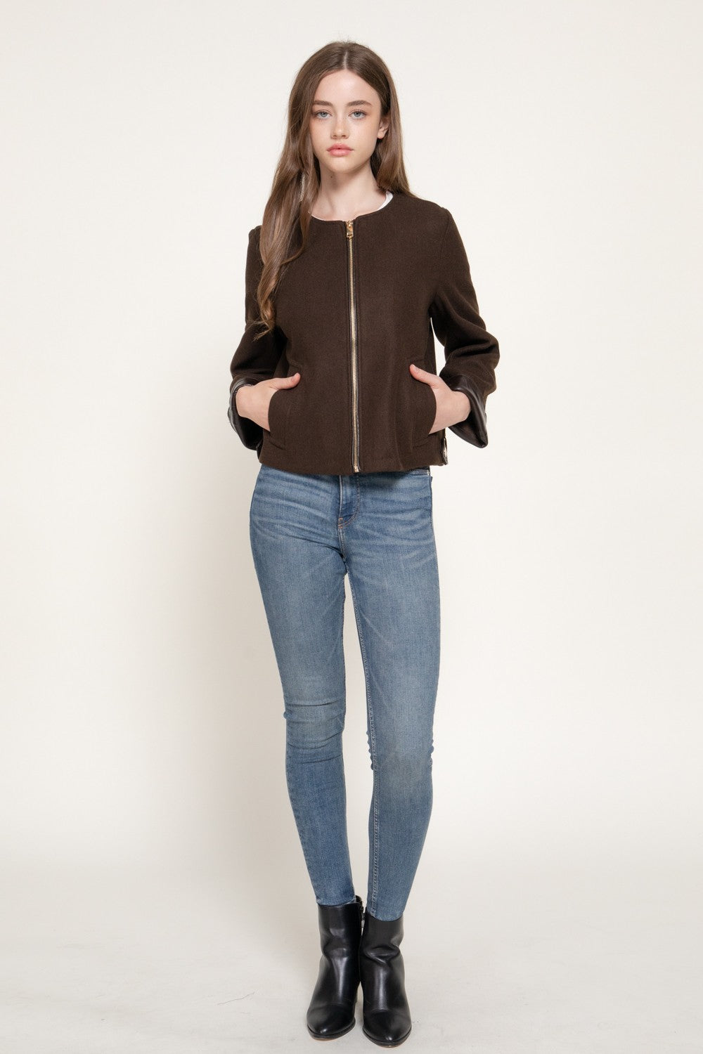 Long Slv Faux Leather Combination Felt Jacket