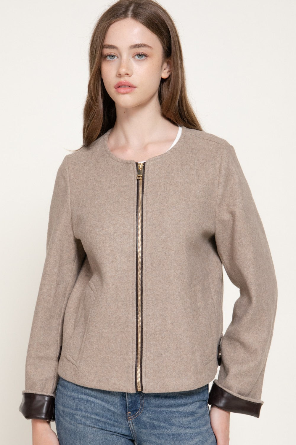 Long Slv Faux Leather Combination Felt Jacket