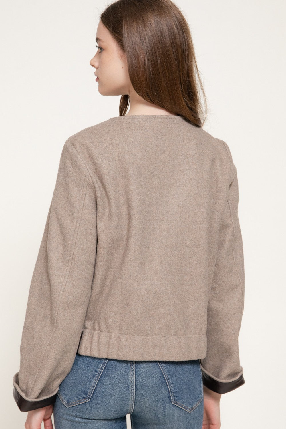 Long Slv Faux Leather Combination Felt Jacket