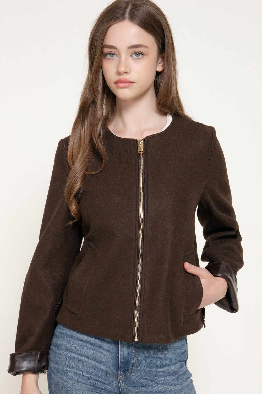 Long Slv Faux Leather Combination Felt Jacket
