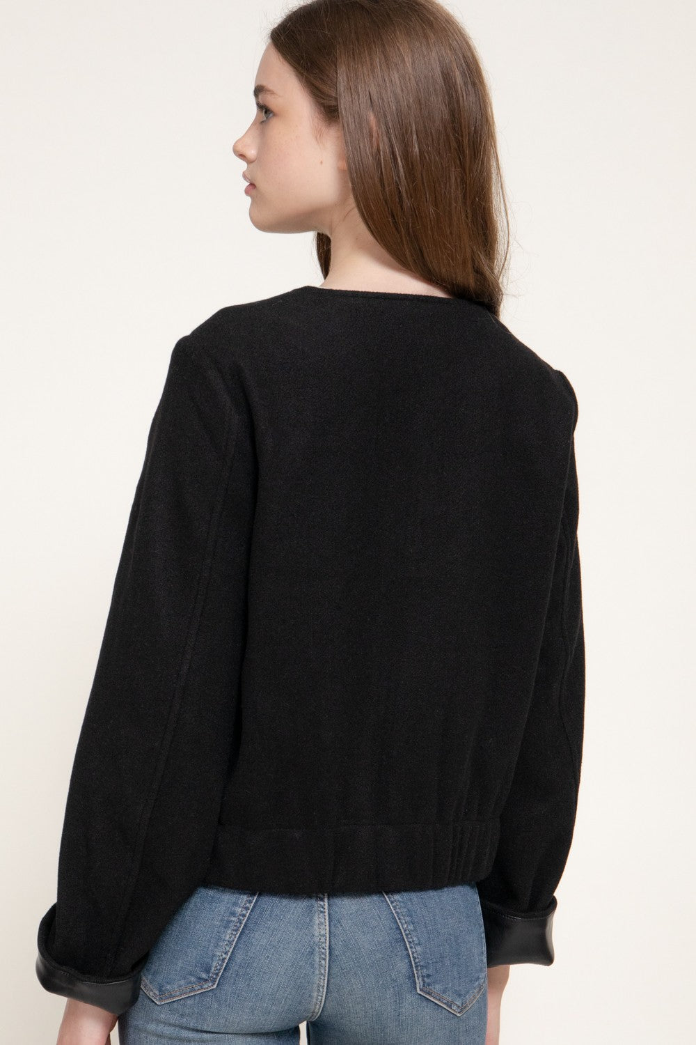 Long Slv Faux Leather Combination Felt Jacket