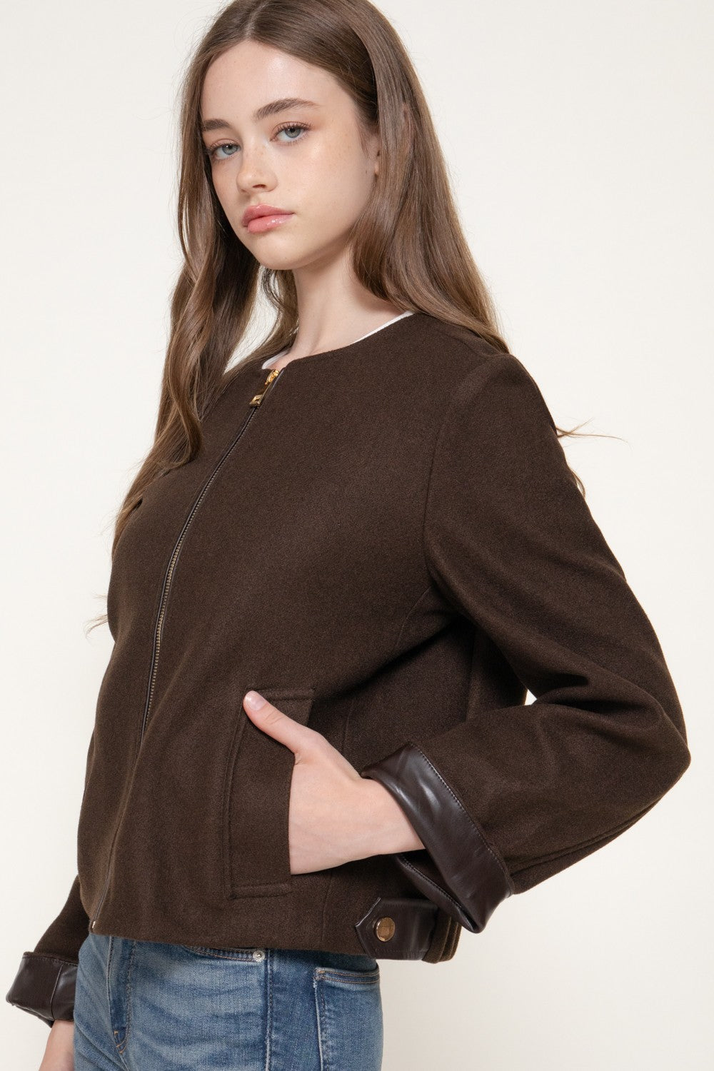 Long Slv Faux Leather Combination Felt Jacket