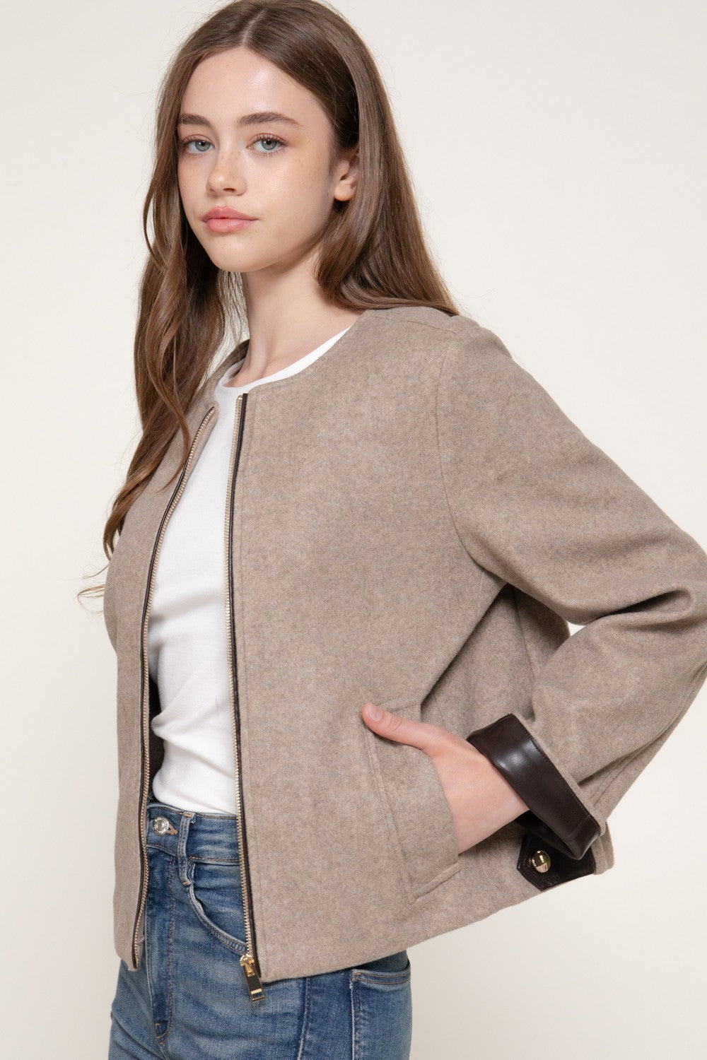 Long Slv Faux Leather Combination Felt Jacket