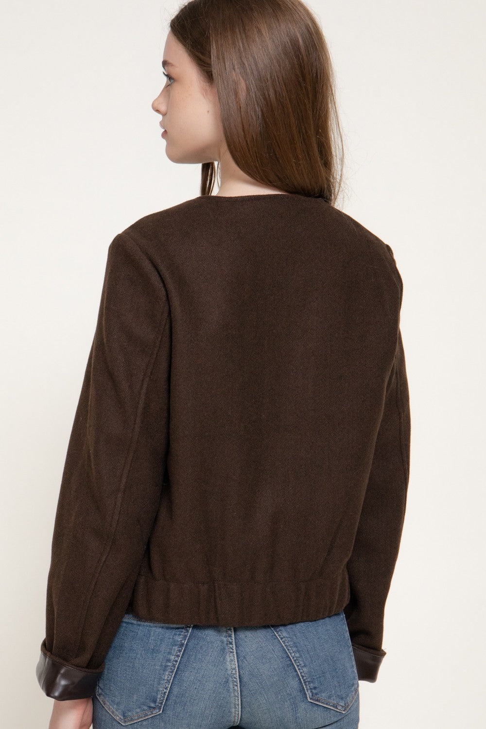 Long Slv Faux Leather Combination Felt Jacket