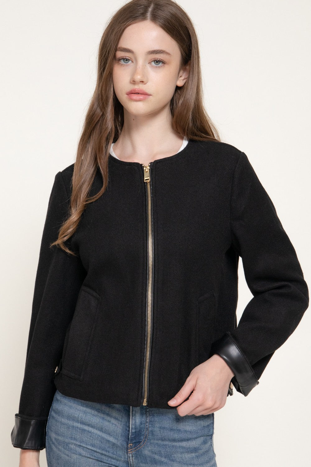 Long Slv Faux Leather Combination Felt Jacket