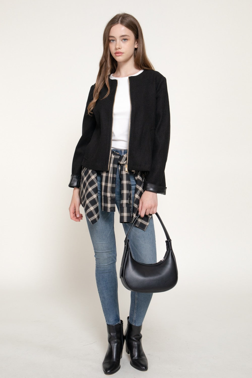 Long Slv Faux Leather Combination Felt Jacket