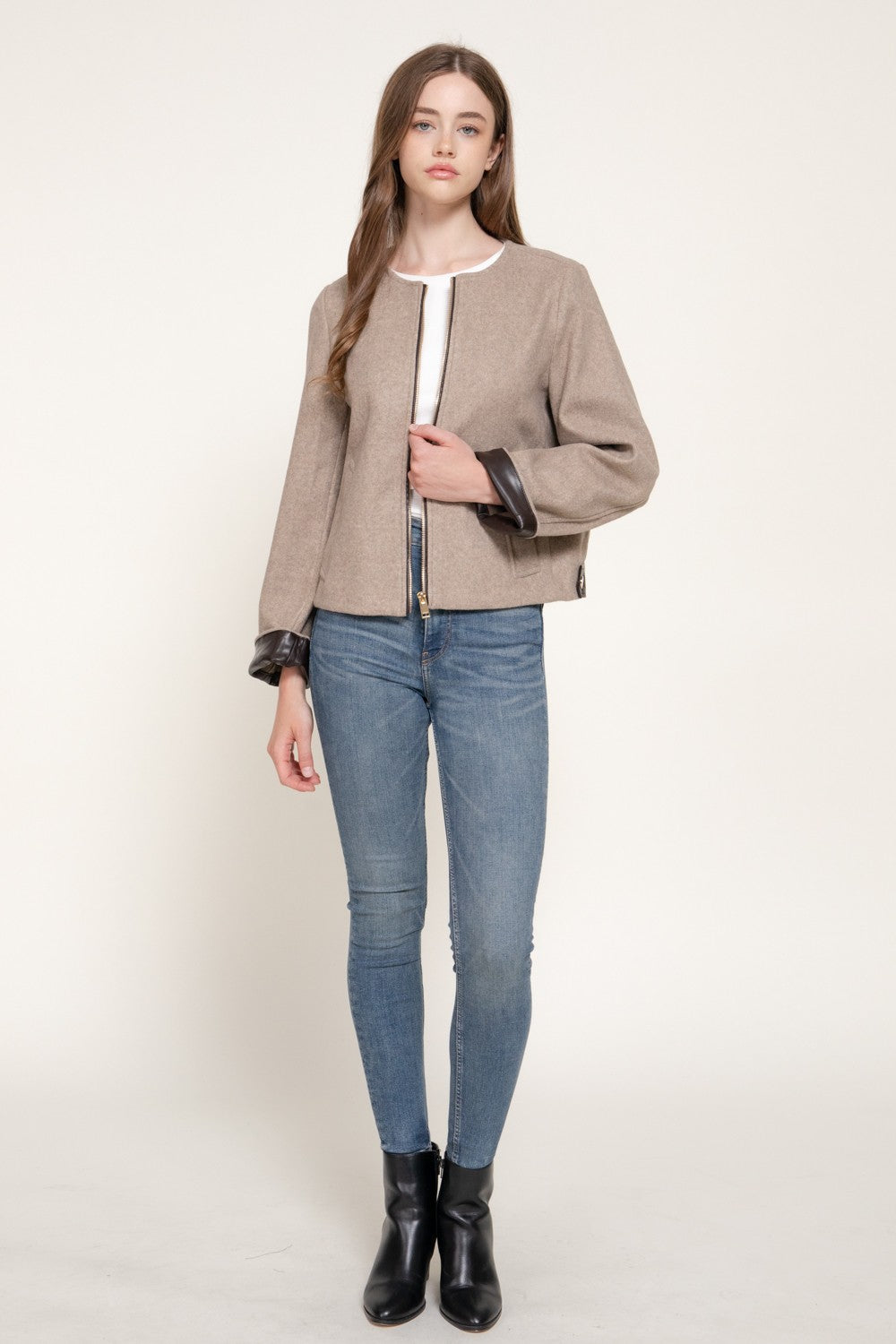 Long Slv Faux Leather Combination Felt Jacket