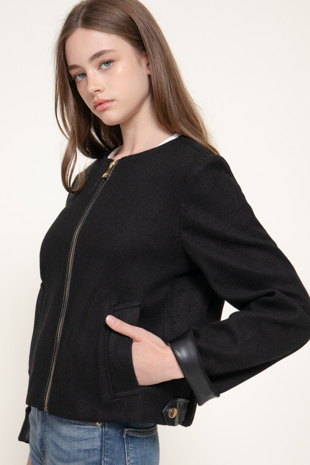 Long Slv Faux Leather Combination Felt Jacket