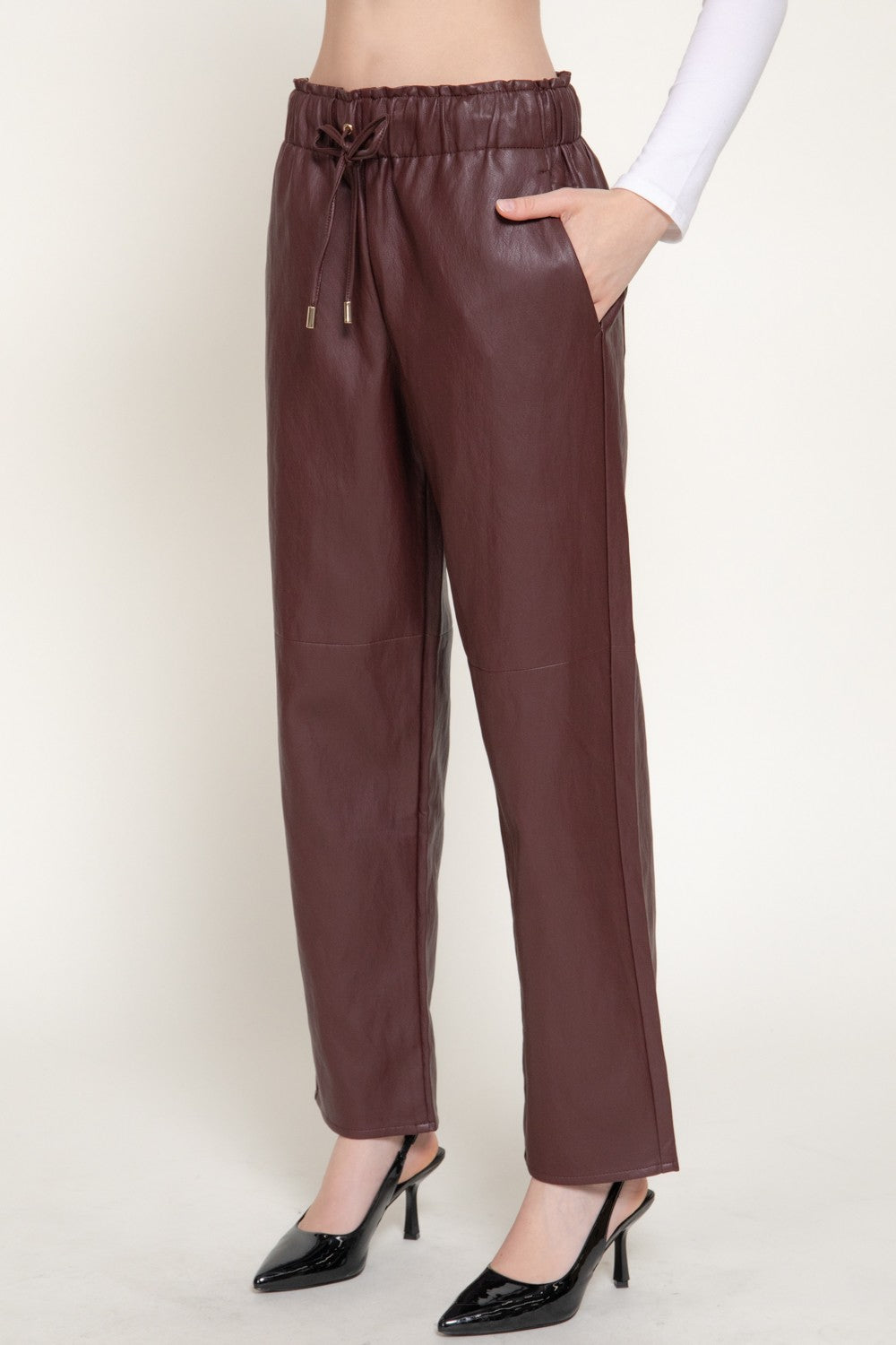 Elastic Waist Texture Faux Leather Pants