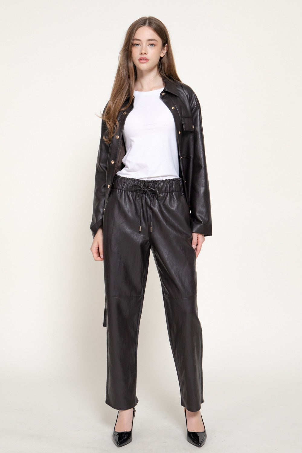 Elastic Waist Texture Faux Leather Pants
