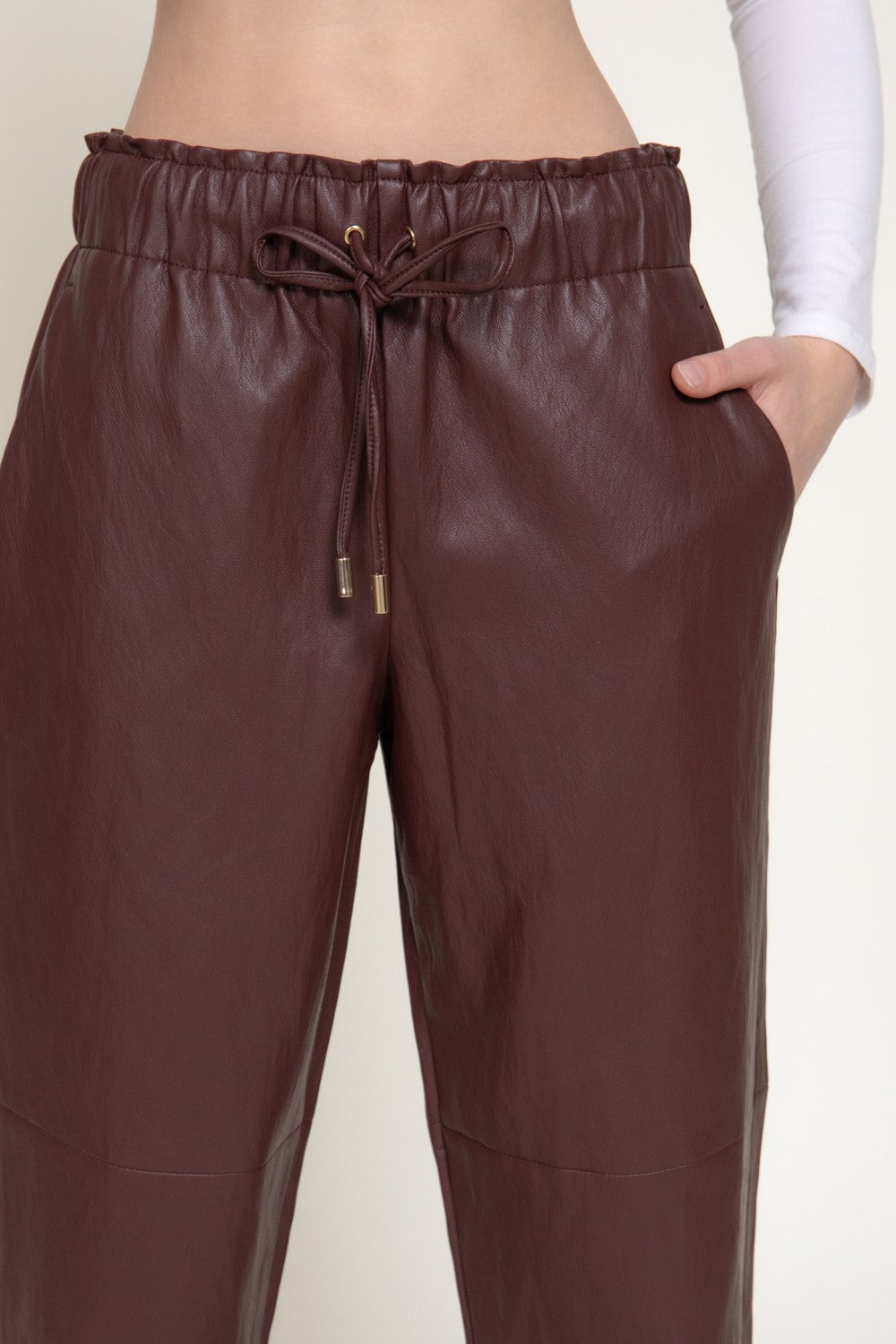 Elastic Waist Texture Faux Leather Pants