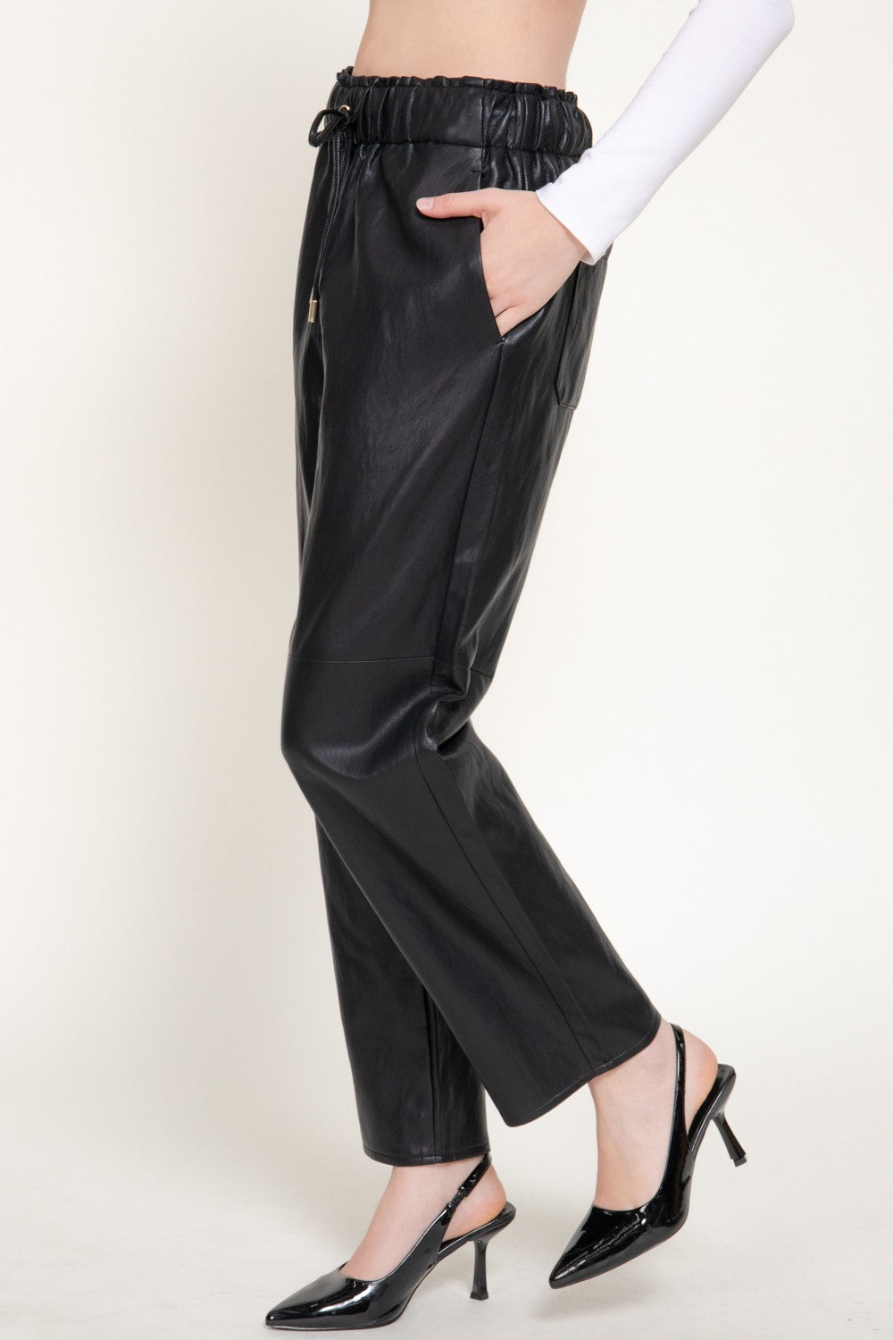 Elastic Waist Texture Faux Leather Pants