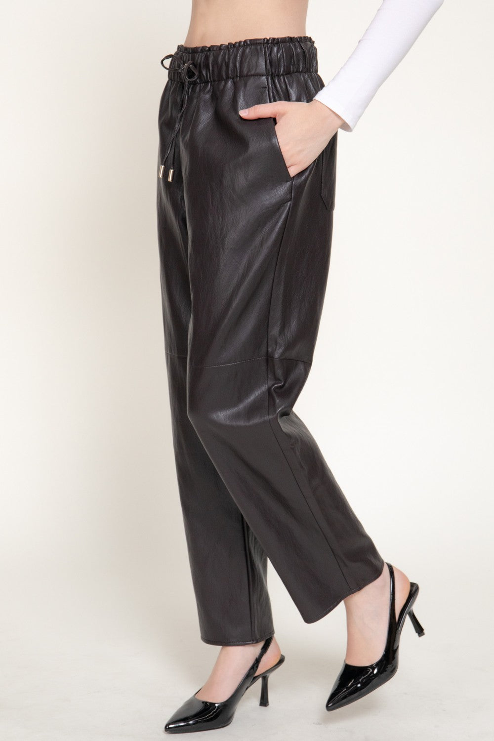 Elastic Waist Texture Faux Leather Pants
