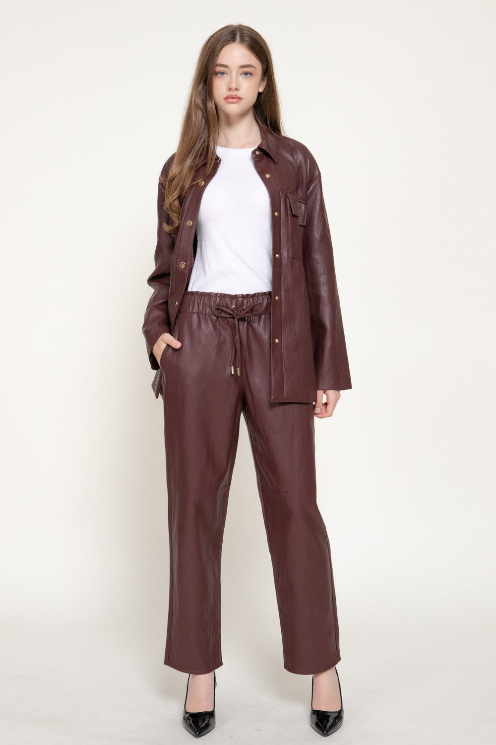 Elastic Waist Texture Faux Leather Pants