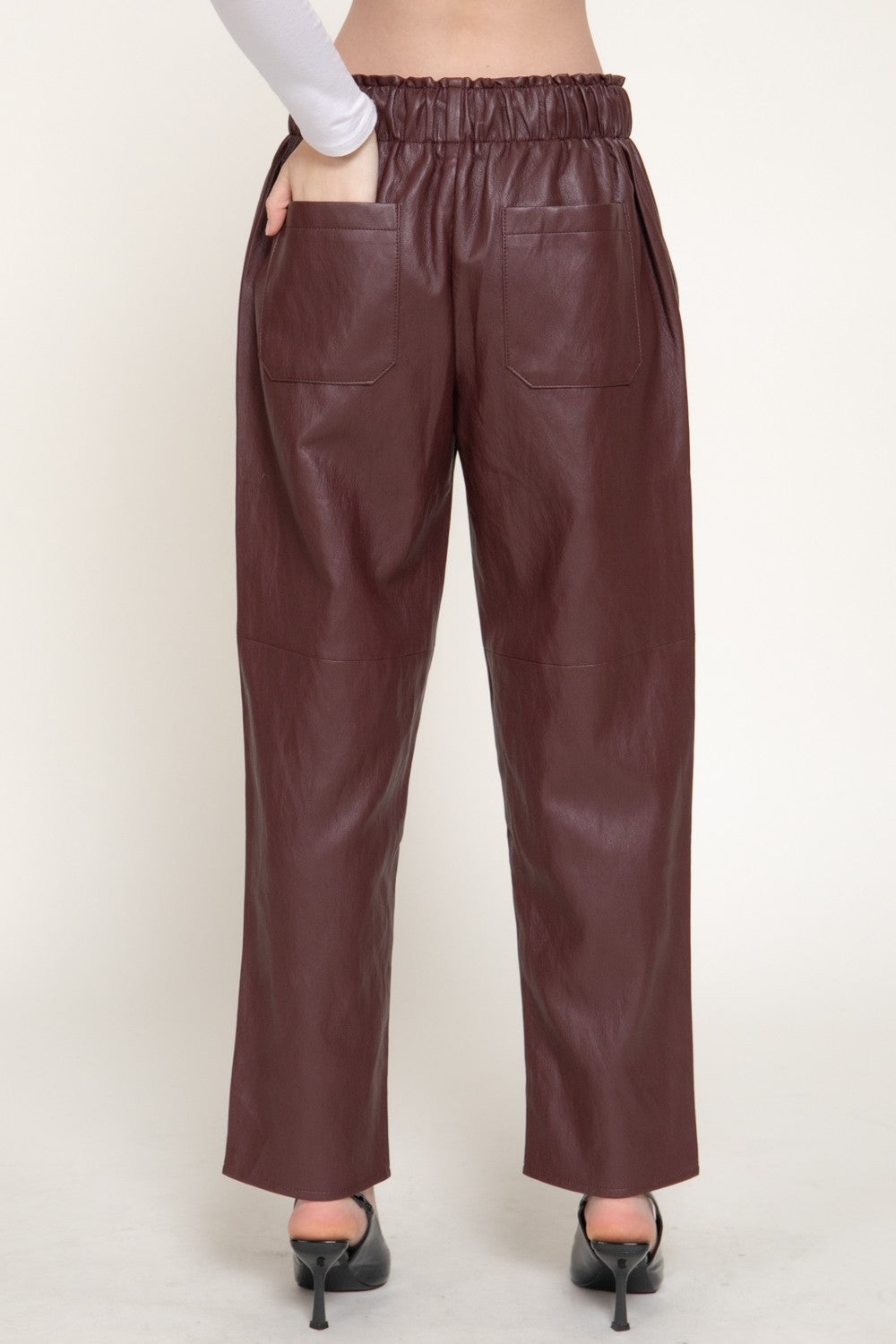Elastic Waist Texture Faux Leather Pants