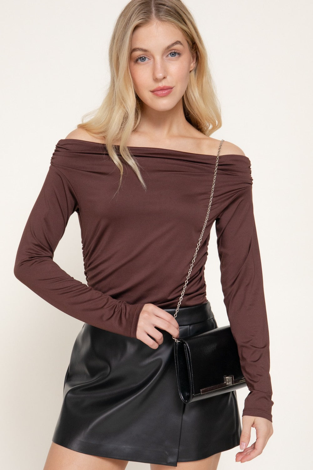 Off The Shoulder Shirring Ity Knit Bodysuit