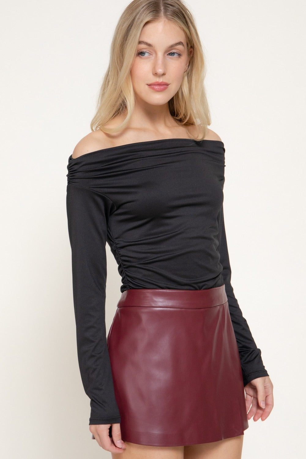 Off The Shoulder Shirring Ity Knit Bodysuit