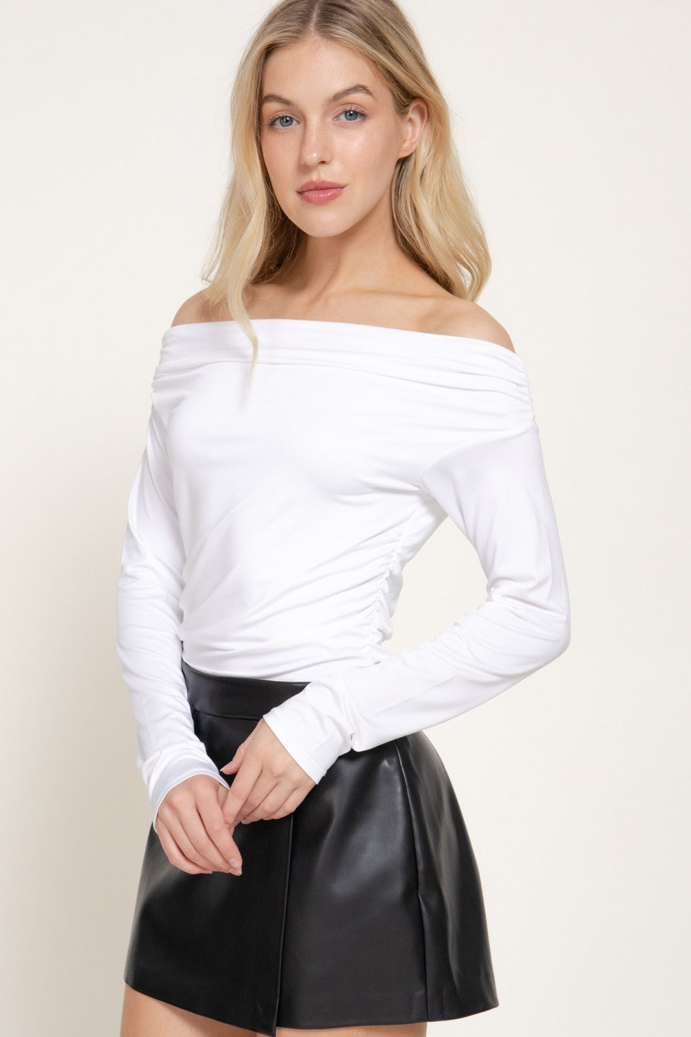 Off The Shoulder Shirring Ity Knit Bodysuit