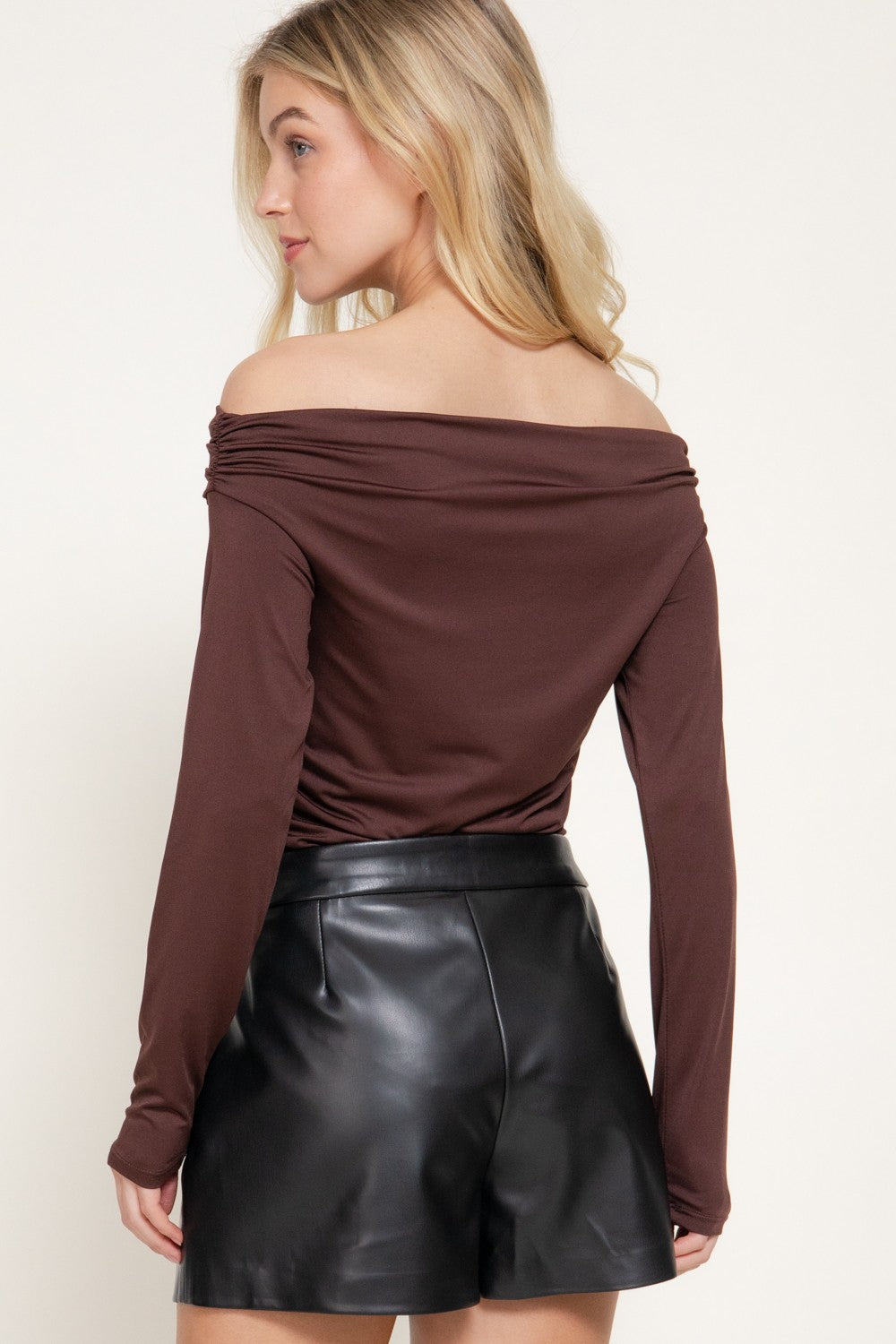 Off The Shoulder Shirring Ity Knit Bodysuit