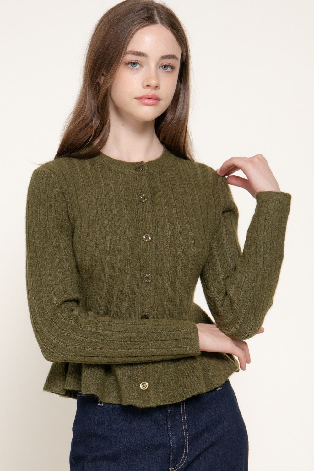 Long Slv Peplum Sweater Cardigan