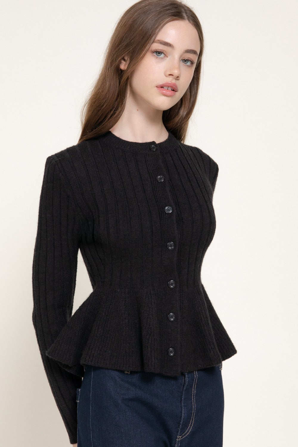 Long Slv Peplum Sweater Cardigan