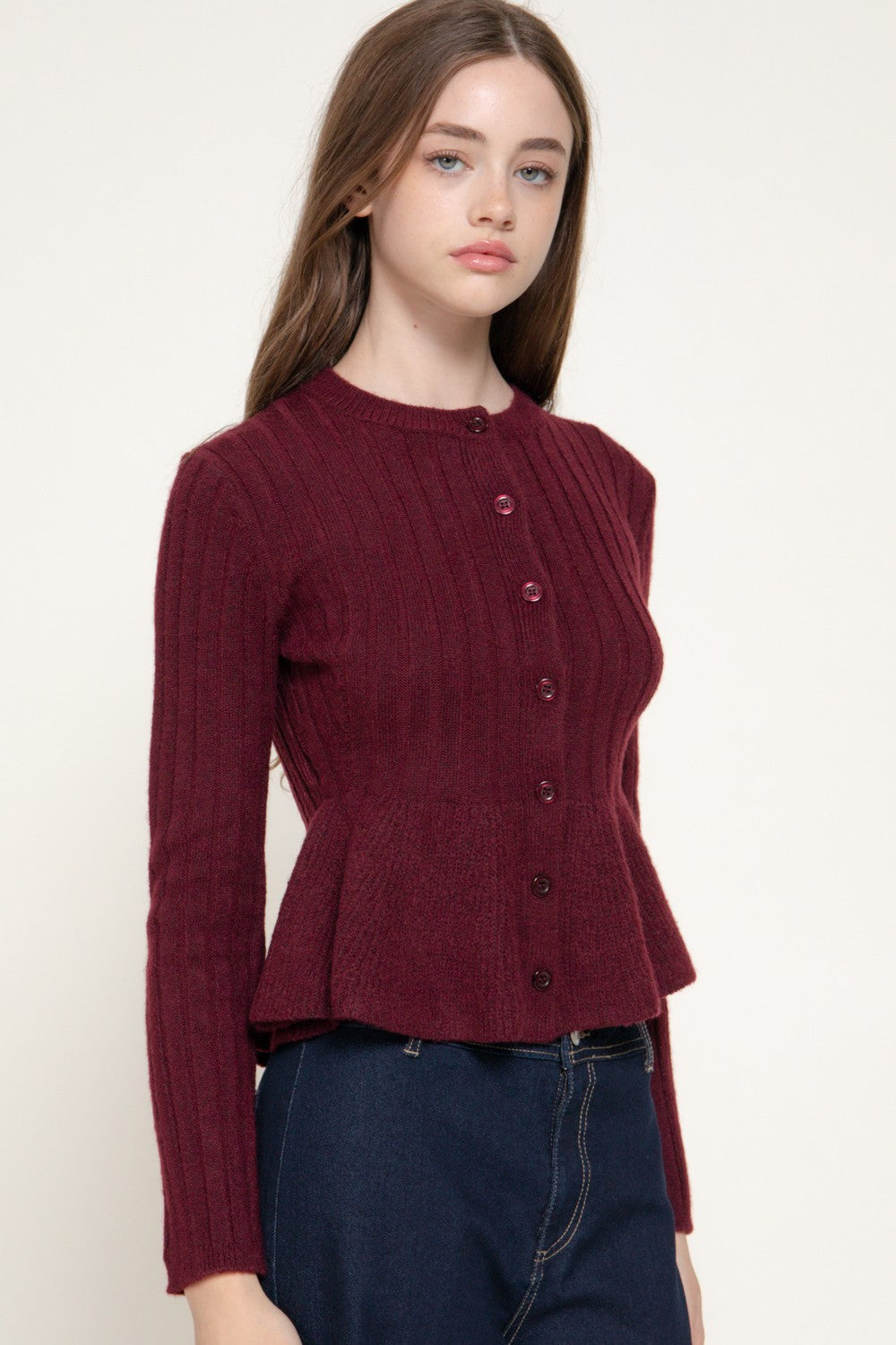 Long Slv Peplum Sweater Cardigan