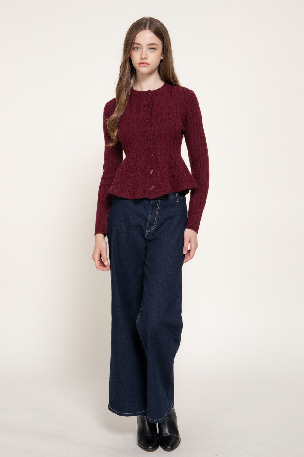 Long Slv Peplum Sweater Cardigan
