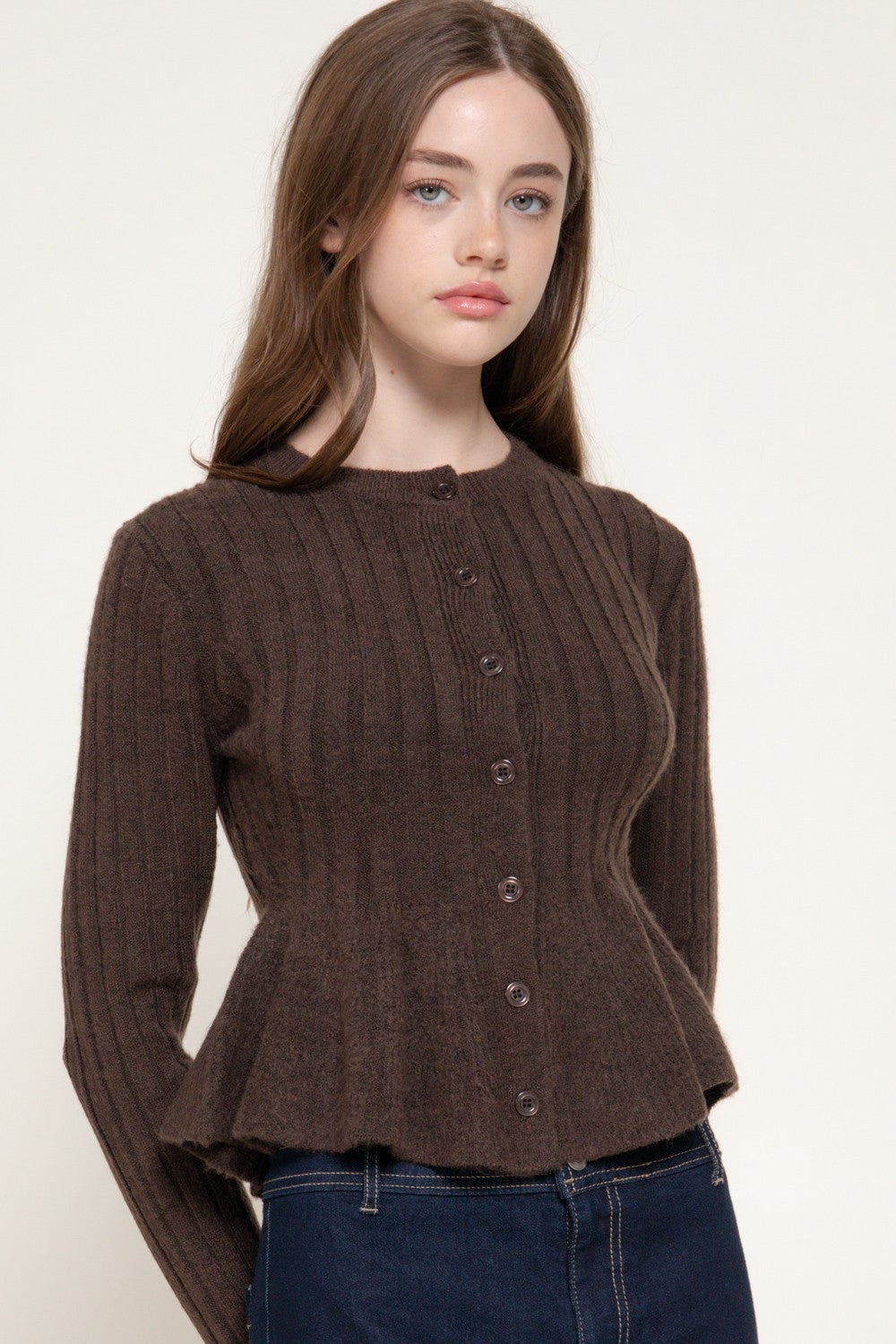 Long Slv Peplum Sweater Cardigan